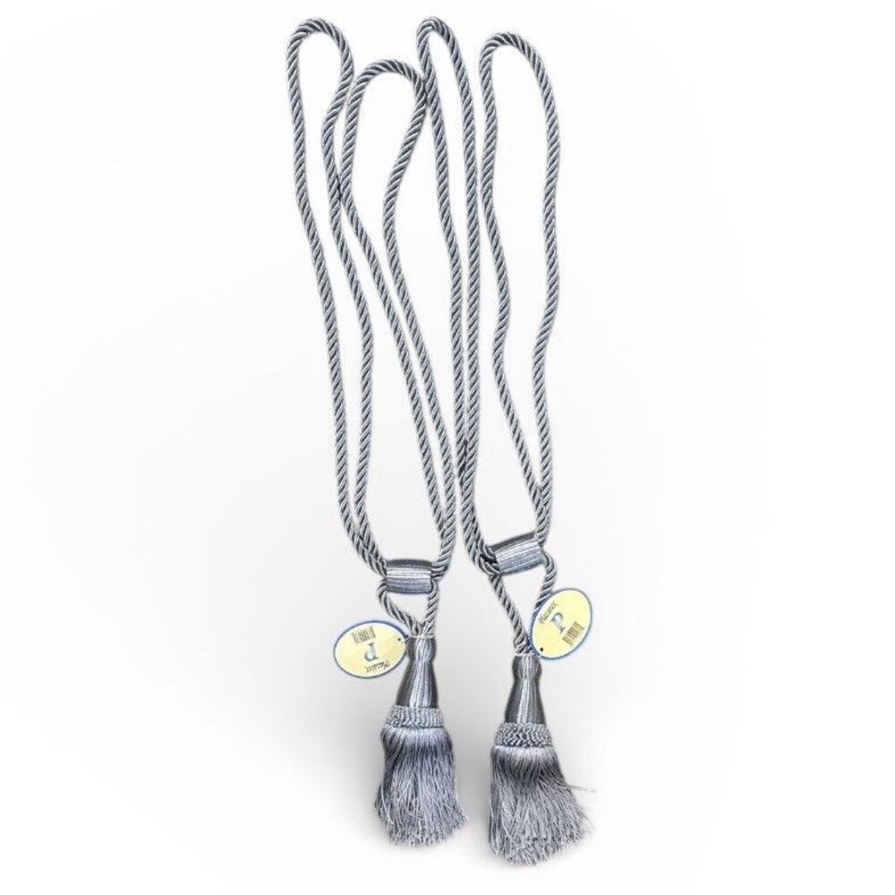 Vintage Large Window Curtain Tiebacks Silver Gray Tassel Rope Pair 24” 6” NWT
